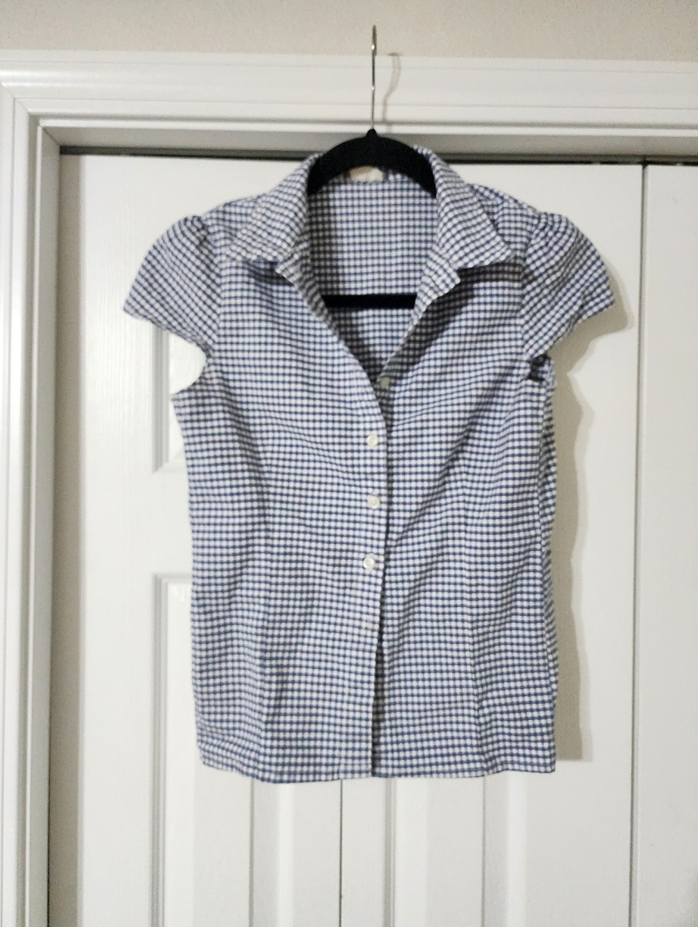 Johnt Galt Blue White Gingham Collard Short Sleeve Button Down Blouse